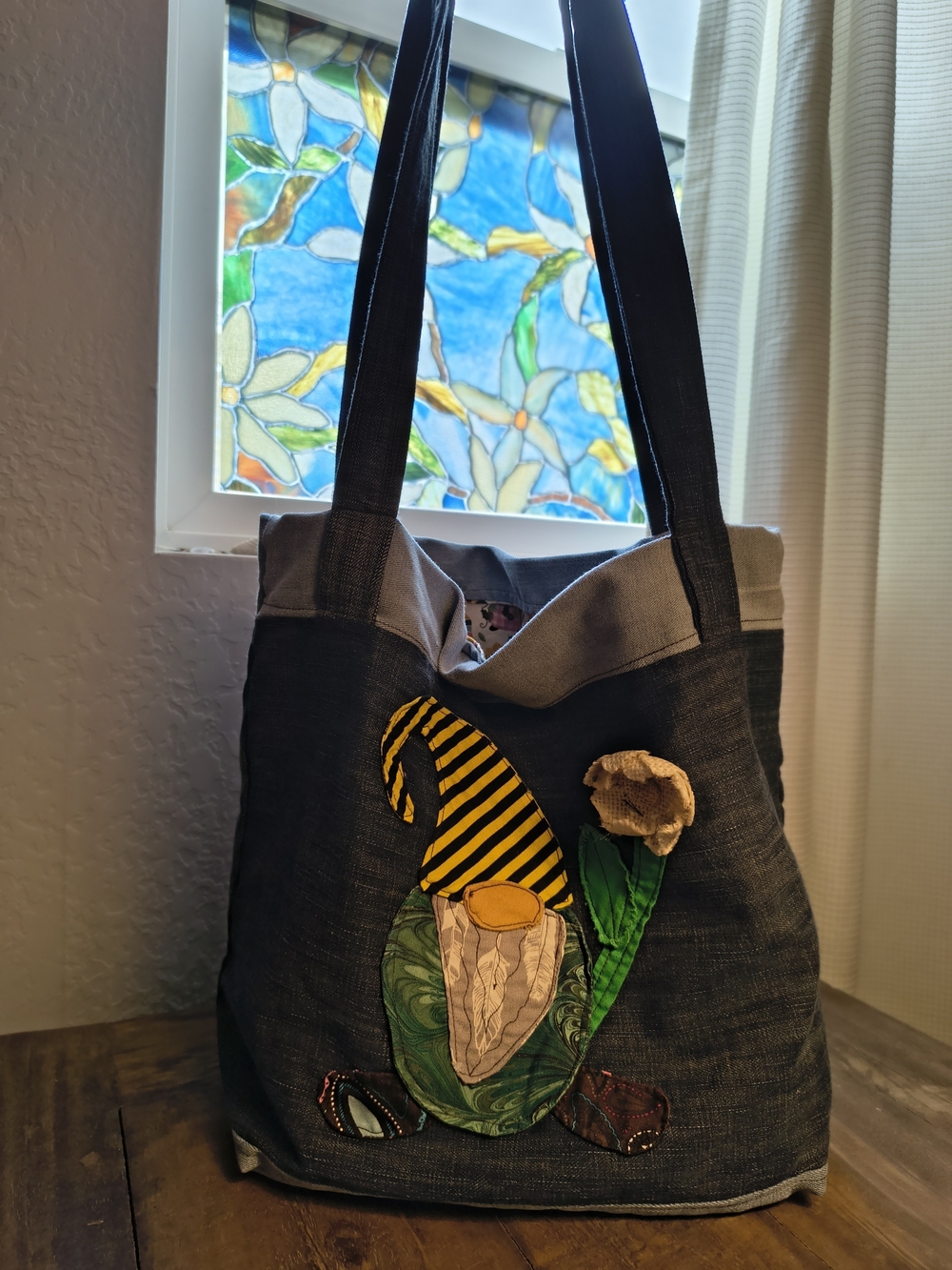 Handmade Denim Tote Bag with Gnome Applique